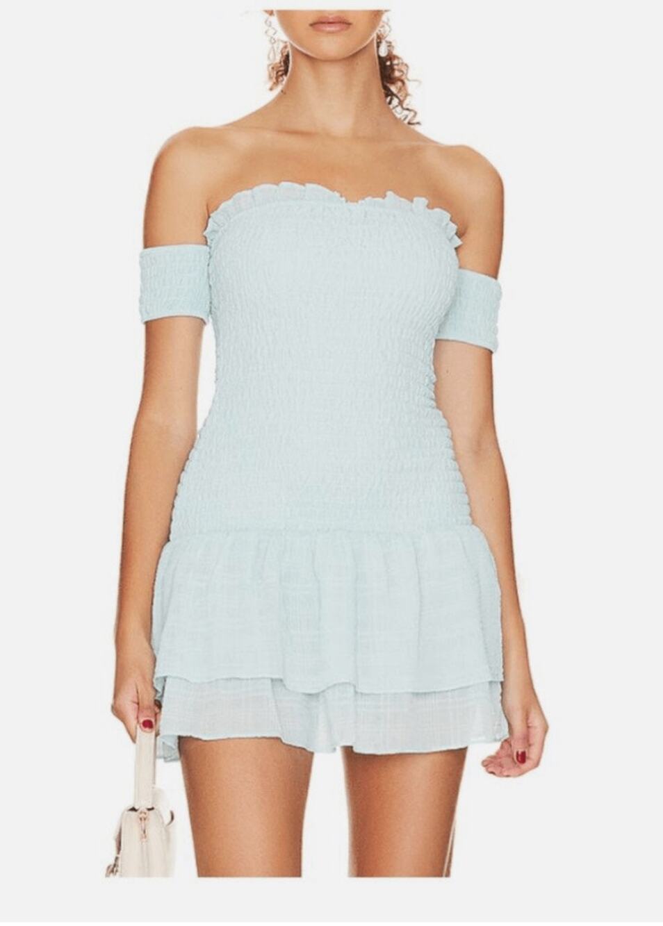 MAJORELLE CHEYENNE Ruffle Off Shoulder Mini Dress Blue Romantic Sz M New